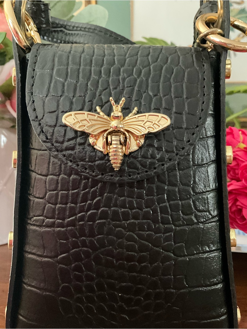 REDUCED Bee accent mini bag Black Croc-Embossed vegan Leather  Top-Handle.  NWOT - Picture 5 of 5